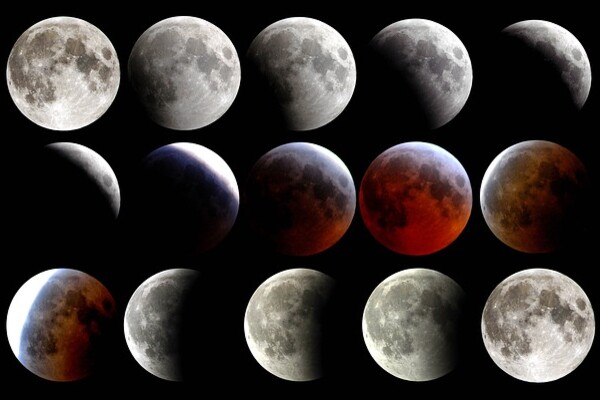 series of photographs of the moon showing it in different phases, including its transition from gray to red