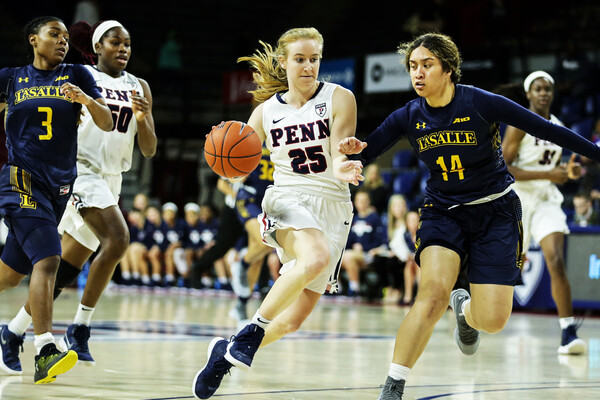 Guard Ashley Russell takes the ball to the basket against La Salle at The Palestra.