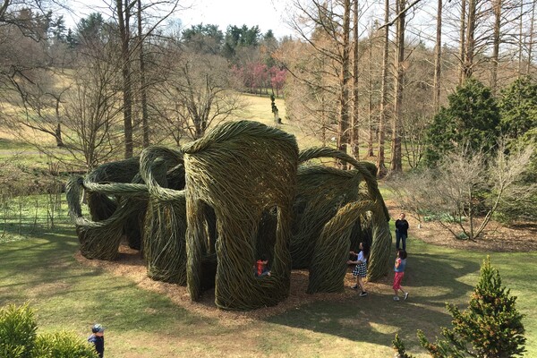 Sculptural towers made of sticks with trees in background