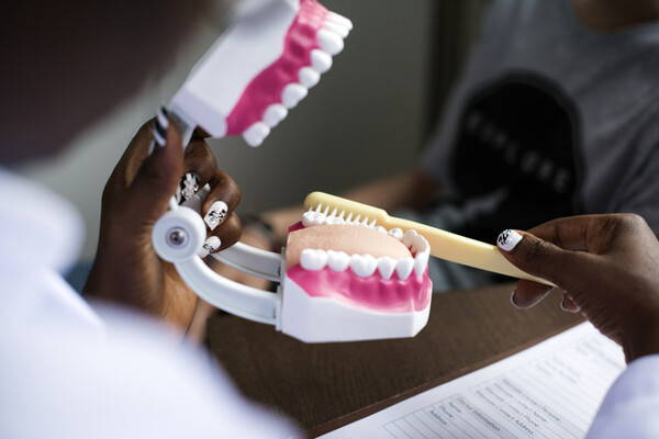  Demonstration of tooth brushing techniques using dental model