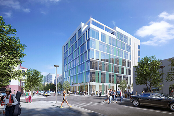 A rendering of the new Tangen Hall building on the corner with pedestrian and auto traffic.