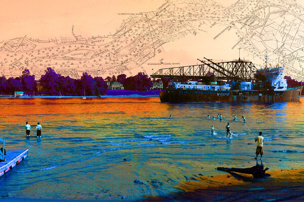A colorful artist's rendering of a river with people fishing with a barge in the background and a drawing of an old map on the horizon
