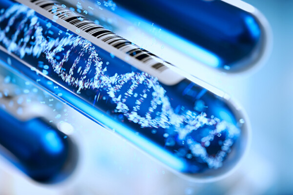 three test tubes with rendering of DNA sequence inside