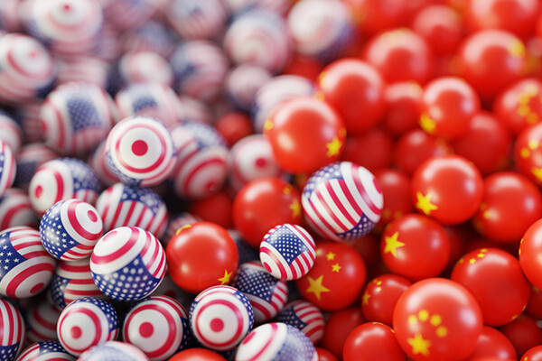 Pile of rubber balls decorated like US and Chinese flags