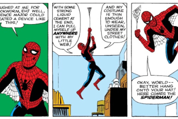 comic panels where spider man talks about making his own silk