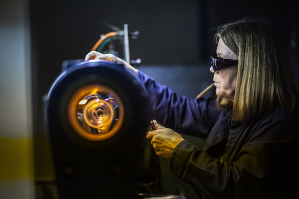 blowing glass in the studio