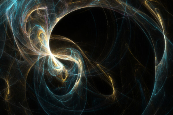 blue and yellow swirls of light around a large dark spiral