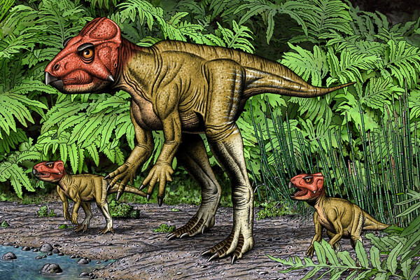 adult dinosaur with frill on skull characterized by penn paleontologists is standing on two legs and flanked by two smaller dinosaurs on the water's edge