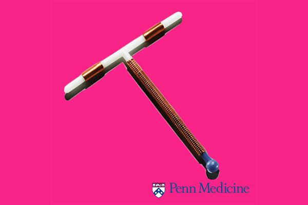 Copper IUD against a neon background and Penn Medicine logo