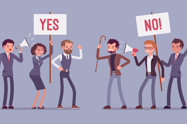 A cartoon drawing of six people. Two are holding megaphones, one is holding a sign that says "Yes," one is holding a sign that says "No," and one is holding a cane.