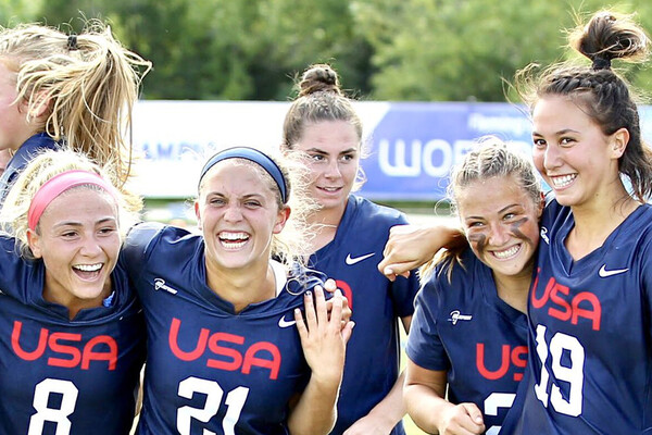 Michaela McMahon, far right, celebrates with her Team USA U19 squad after winning the gold medal.