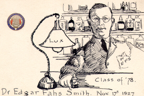 Cartoon drawing of Edgar Fahs Smith in a lab circa 1927