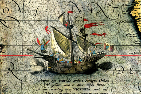 a ship in the middle of the Pacific ocean surrounded by text in latin