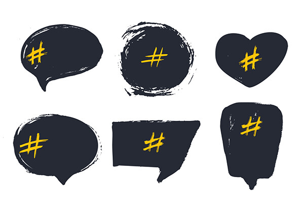 Six conversation bubbles with hashtags