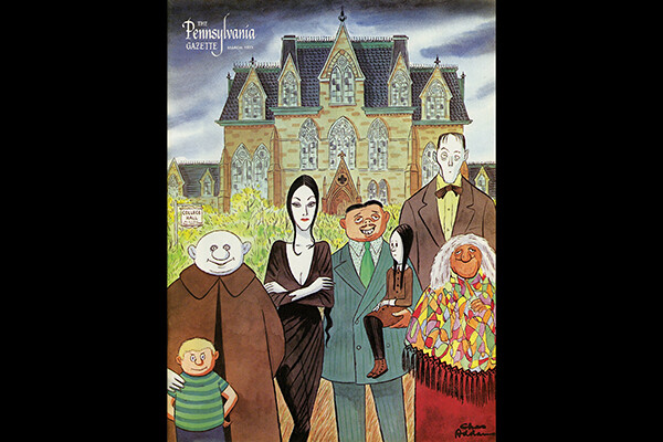 Pen and ink drawing of the Addams Family cartoon from the cover of the Pennsylvania Gazette.