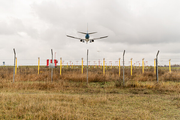 View of an airplane from a field