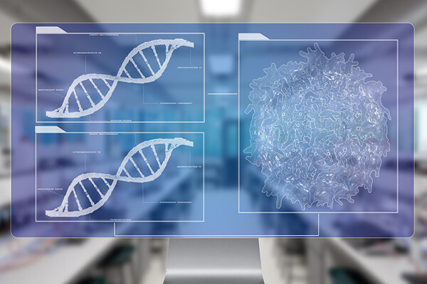 computer rendering of microscopic images of DNA helix on the left, a tumor on the right.