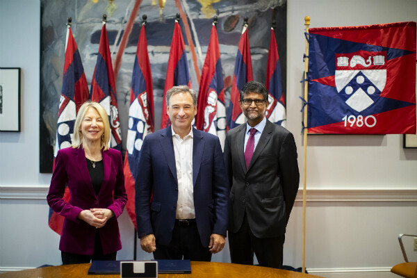 President Amy Gutmann, alum Harlan M. Stone, and Penn Engineering Nemirovsky Family Dean Vijay Kumar (left to right) at the gift agreement signing to support the construction of a new Data Science Building. Photo by Eric Sucar, University Communications.