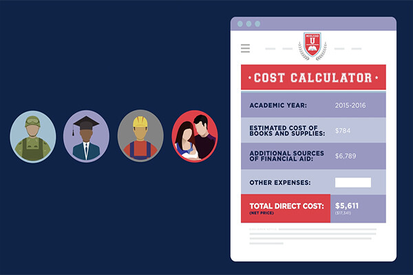 Film still of college cost calculator next to icons of a military member, a graduate, a construction worker and a couple with a baby