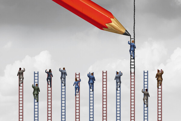 Concept of inequality rendering: 11 ladders reaching towards the sky with people in business attire climbing each ladder, one considerably higher with a large pencil marking the growing height of the ladder.