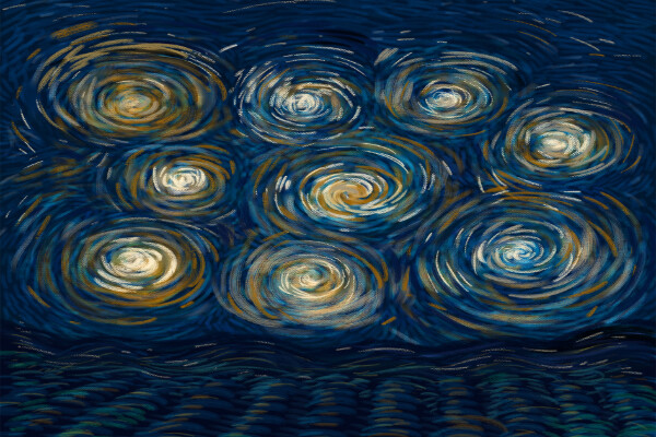 nine spirals of yellow and white over a dark blue impressionist background, with darker lines of waves along the bottom of the image