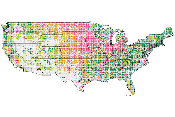 a map of the united states with colored dots showing different types of land usage