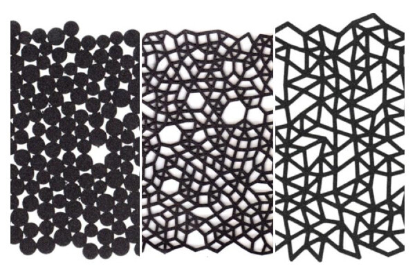 a series of three abstract and disordered patterns made of different geometric shapes