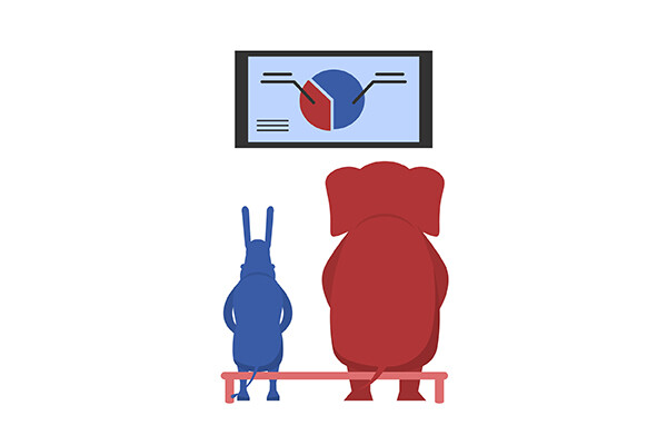 illustration of a republican elephant sitting beside a democrat donkey on a bench facing a screen with a pie chart