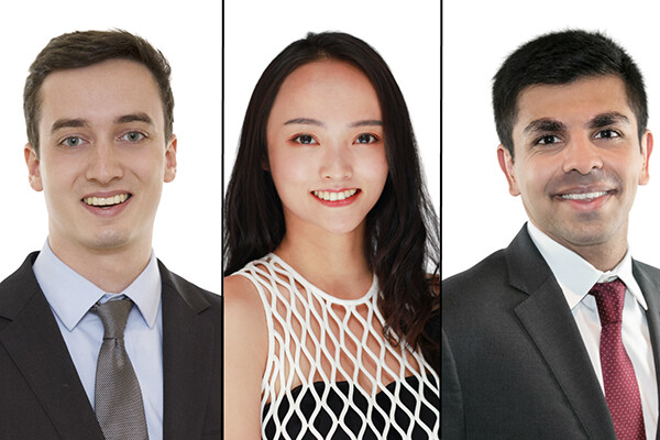 Penn’s new Schwarzman Scholars are senior Andrew Howard (left), master’s student Zinan Chen (center), and 2017 graduate Malik Abdul Majeed. 