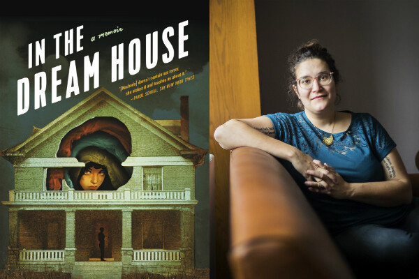 Author Carmen Machado sitting on a sofa by a window and the cover of her memoir In the Dream House with an illustration of a house with a person looking out