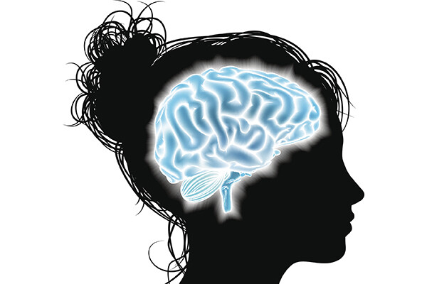 profile rendering of a teen head with a ponytail and the highlighted brain neural pathways inside skull