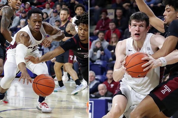 A composite of Jordan Dingle, left, and A.J. Brodeur playing against Temple at the Palestra.