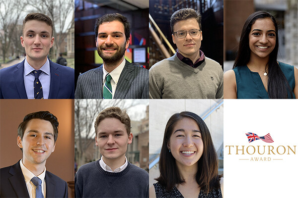 Seven student faces and the symbol of the Thouron Award with the British and American flags