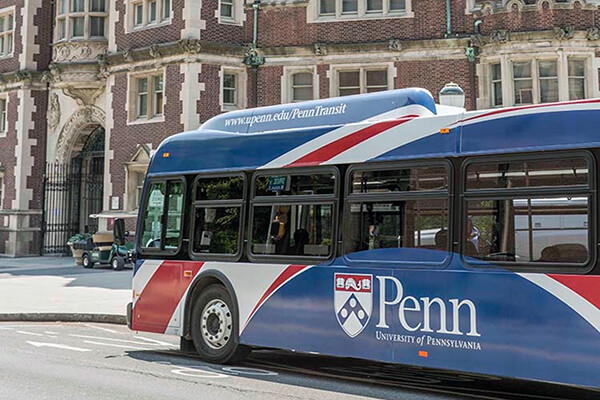 One of the buses in the fleet of Penn Buses on campus