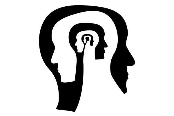 outline of a human head with five contrasting profiles in decreasing size throughout the brain area
