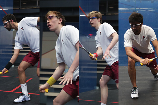 A composite of the four All-Americans on the Penn men's squash team. Each is playing during a match.