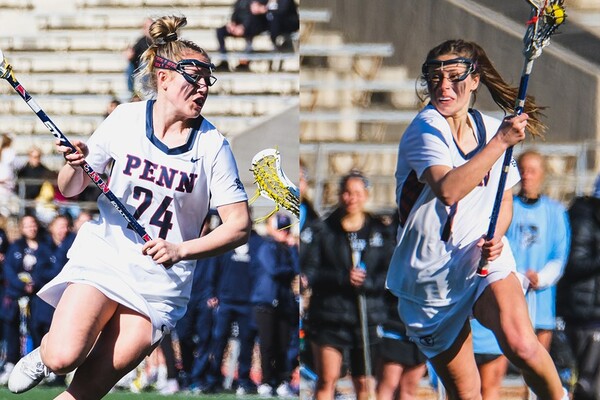 Junior defender Abby Bosco, right, and senior attacker Gabby Rosenzweig, run with their sticks during a game.