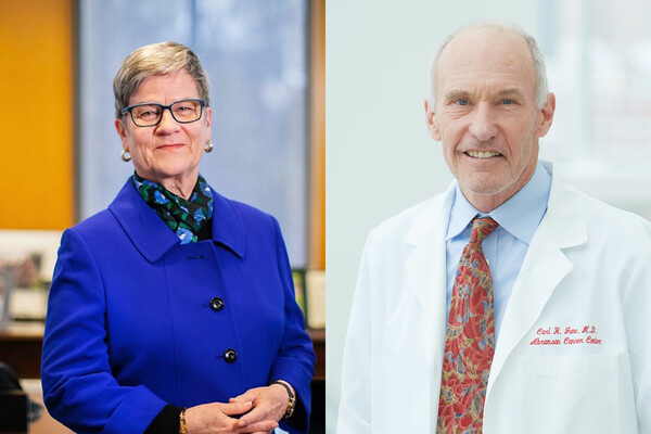 Two people side by side in different images. In the one on the left, the person stands in an office and a blue suit, hands crossed low in front. In the one on the right is a person in a tie and white coat that reads, "Carl H. June, M.D. Abramson Cancer Center"