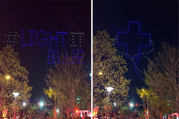 Two side-by-side images of drones at night over Penn Med reading Light it Blue and an emblem of medicine with a stethoscope created by drones illuminating the sky