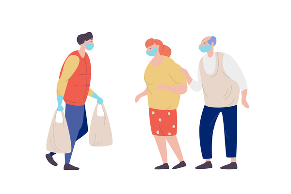 Graphic illustration of essential worker delivering groceries to an older couple