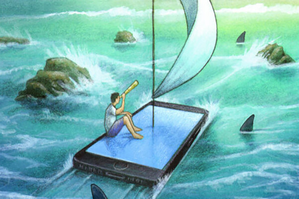 Illustration of a person in an open sea with sharks circling their sailboat, which is rendered as a smartphone or tablet instead of boat.