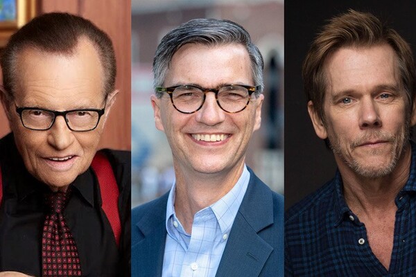 Close-up images of three people. On the left is journalist Larry King, wearing a black shirt, a red tie and red suspenders. In the center is James Pawelski, a Penn researcher, wearing a blue blazer and blue shirt. On the right is actor Kevin Bacon, weather a blue and black button down shirt.