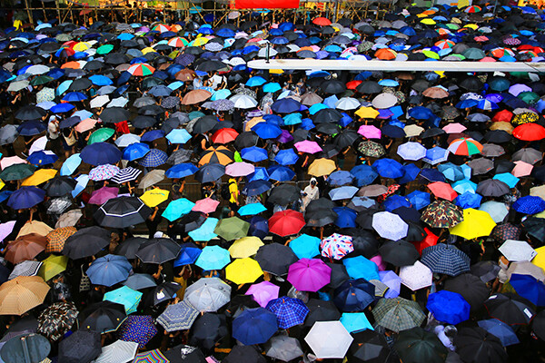 Colorful umbrellas gathered on street