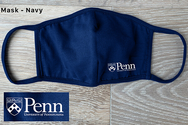 Blue face covering with Penn logo on it