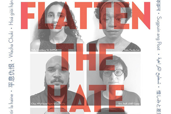 Gridded image with "flatten the hate" written across the front and the translation in various languages around the border