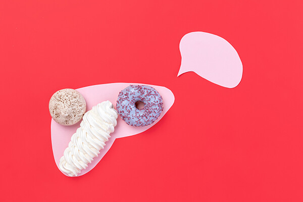 Outline of liver with a donut, cookie, and pastry laying on top of it and a dialog box outside the liver addressing it.