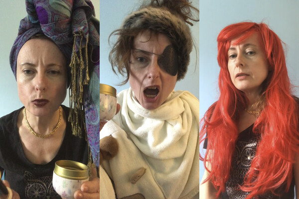Professor Emily Wilson dressed in costume as three different characters in the Odyssey, one with a fringed scarf around her head, one with an eye patch and a fur headband, and one with a wig with long red hair.