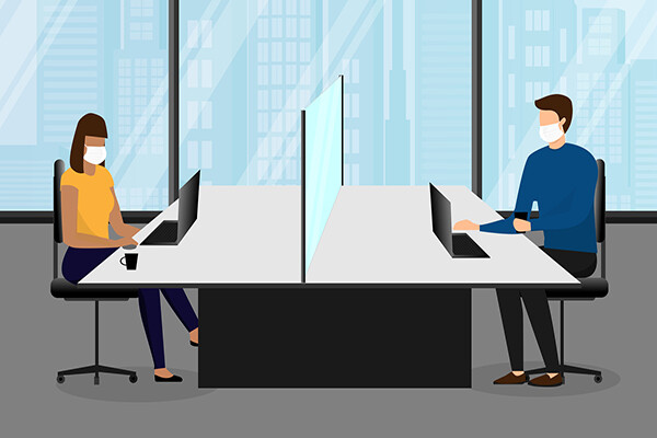 Illustration of two people in an office using a large shared table divided by a glass partition, each wearing face masks while sitting at their laptops.