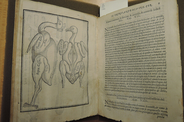 An old book is displays poultry butchering on one side; Italian text on the other