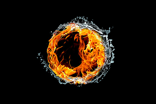 flames and water depicted as a balanced ring